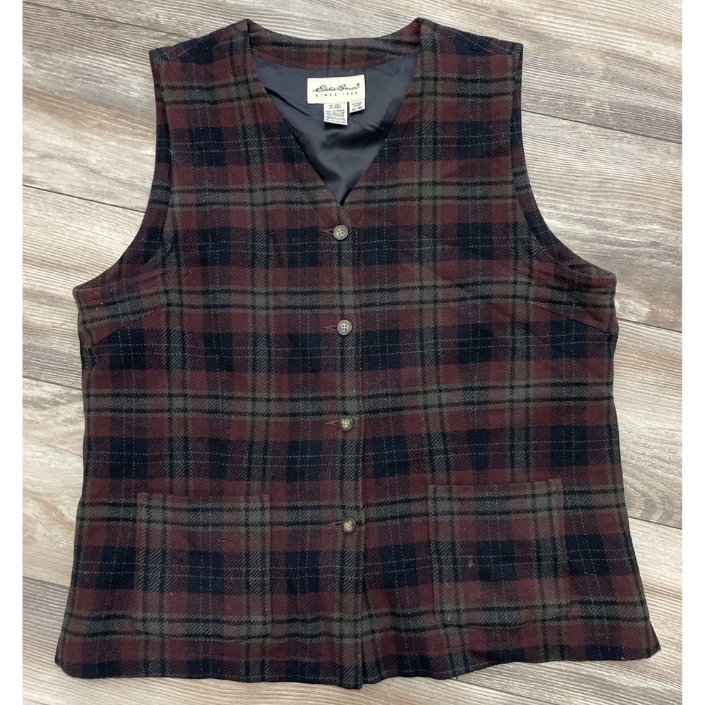 VTG Eddie Bauer Plaid 100%‎ Wool Button Front Vest Womens Sz XL